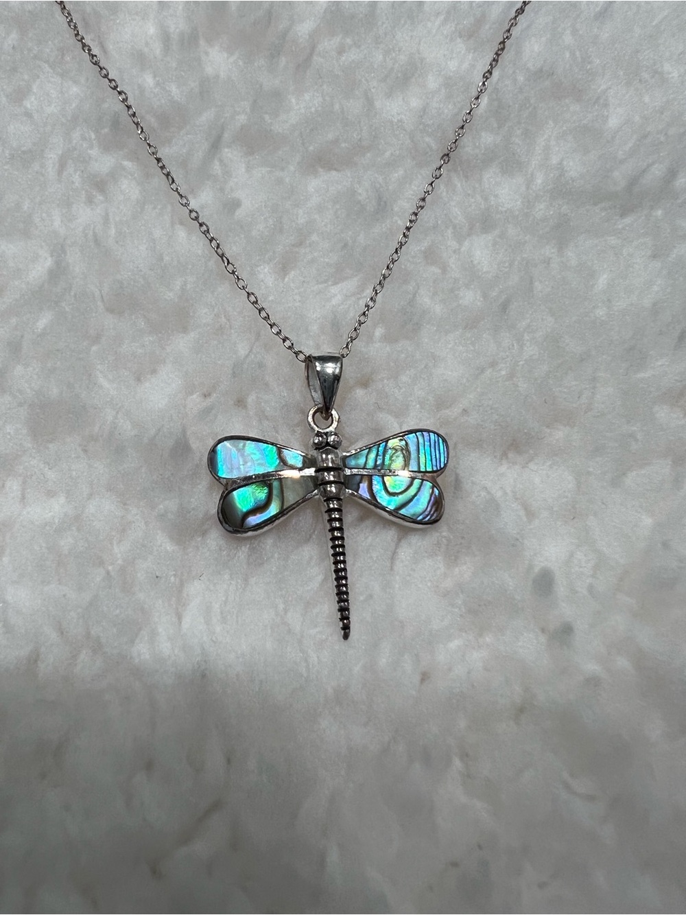 Vintage 925 Sterling Silver Abalone Dragonfly Pendant Necklace
